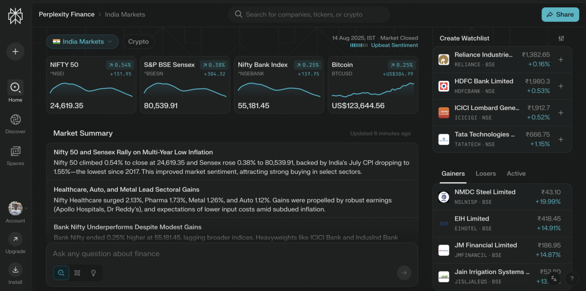 Finance Dashboard da Perplexity expande para ações indianas